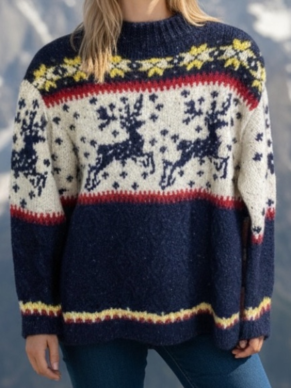 Vintage 90s The Limited America Reindeer Hand Knit Handmade Wool Sweater.